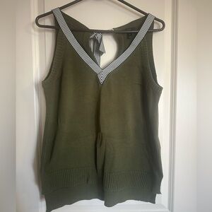 J. Crew Sleeveless V-Neck Olive Green Knit Top with bowtie